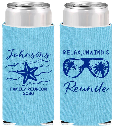 Personalized Family Reunion Slim Can Coolers - Relax Unwind Reunite | 160019