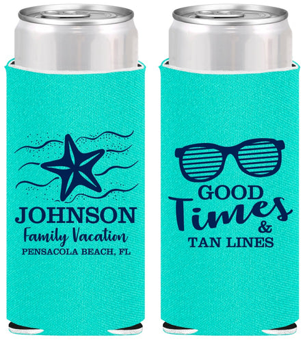 Personalized Family Vacation Slim Can Coolers - Good Times Tan Lines | 180003