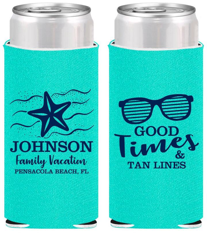 Personalized Family Vacation Slim Can Coolers - Good Times Tan Lines | 180003
