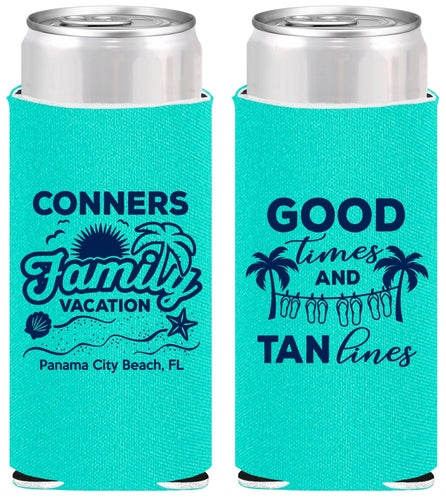Personalized Family Vacation Slim Can Coolers - Good Times Tan Lines | 180005