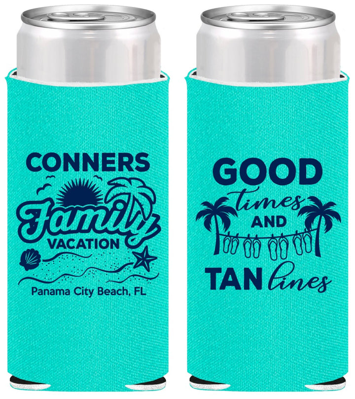 Personalized Family Vacation Slim Can Coolers - Good Times Tan Lines | 180005