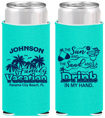 Personalized Family Vacation Slim Can Coolers - Sun And Sand Beach | 180007