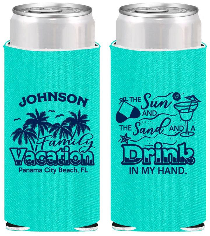 Personalized Family Vacation Slim Can Coolers - Sun And Sand Beach | 180007