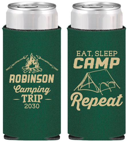 Personalized Family Vacation Slim Can Coolers - Eat Sleep Camp Repeat | 180014