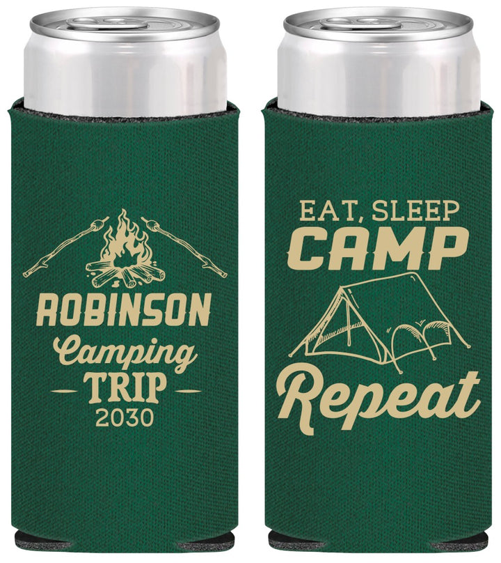 Personalized Family Vacation Slim Can Coolers - Eat Sleep Camp Repeat | 180014