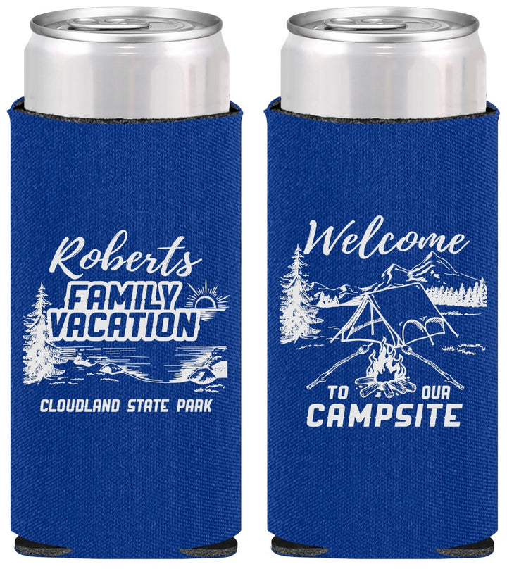 Personalized Family Vacation Slim Can Coolers - Camping Trip | 180026