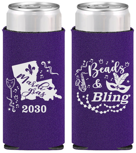 Personalized Mardi Gras Slim Can Coolers - Beads And Bling | 190002