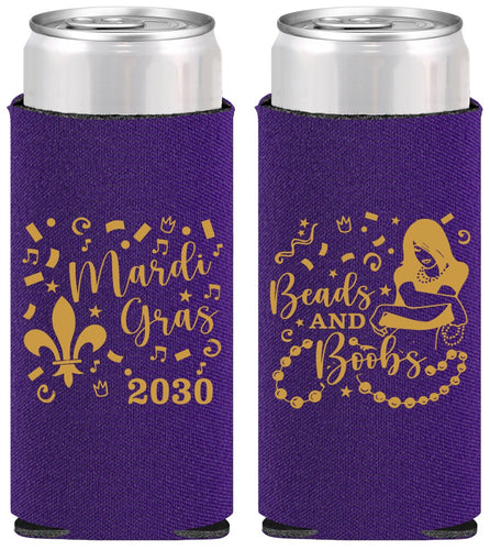 Personalized Mardi Gras Slim Can Coolers - Beads And Boobs | 190005