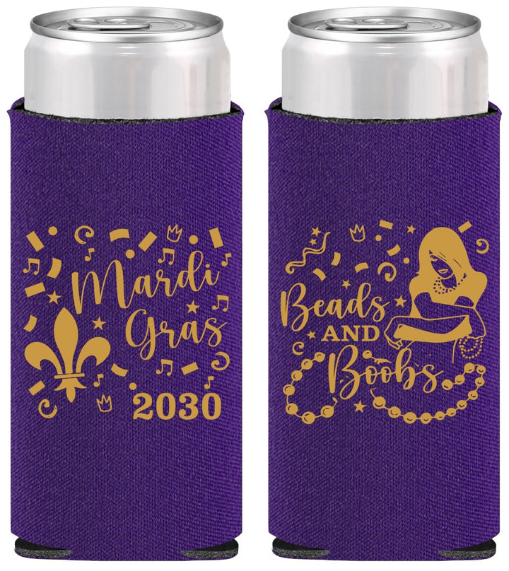 Personalized Mardi Gras Slim Can Coolers - Beads And Boobs | 190005