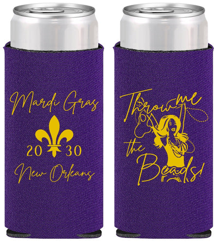 Personalized Mardi Gras Slim Can Coolers - Throw Me The Beads | 190008