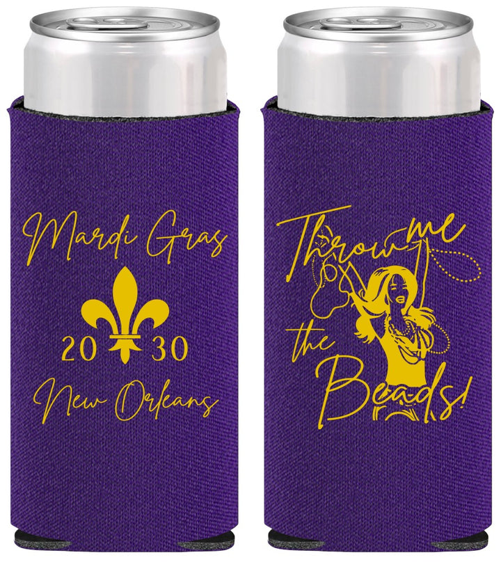 Personalized Mardi Gras Slim Can Coolers - Throw Me The Beads | 190008