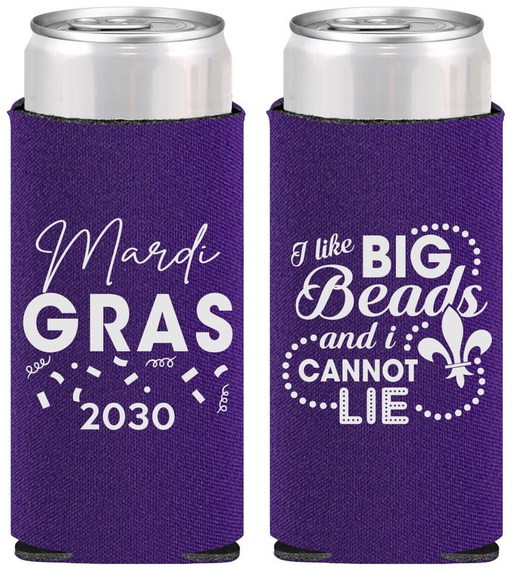 Personalized Mardi Gras Slim Can Coolers - Big Bead Fleur De Lis | 190018