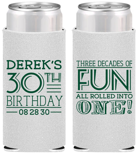 Personalized Birthday Slim Can Coolers - 30th Three Decades Of Fun | 20020