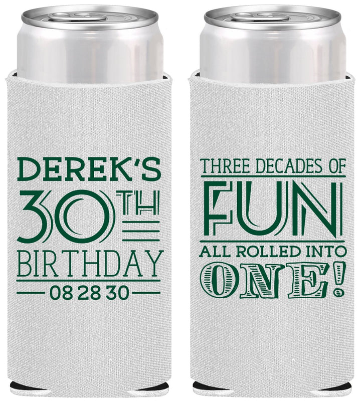 Personalized Birthday Slim Can Coolers - 30th Three Decades Of Fun | 20020