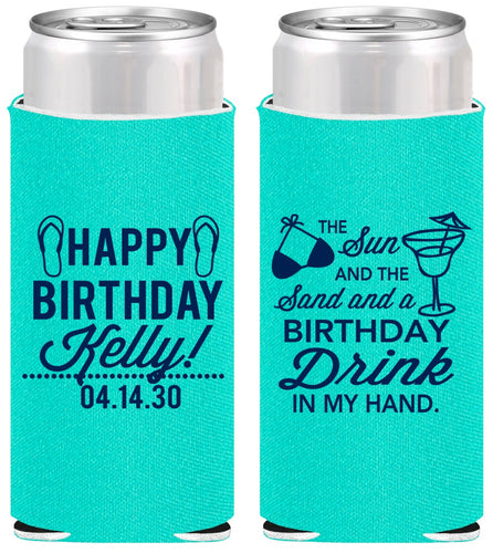 Personalized Birthday Slim Can Coolers - Sun Sand Drink Hand | 20202