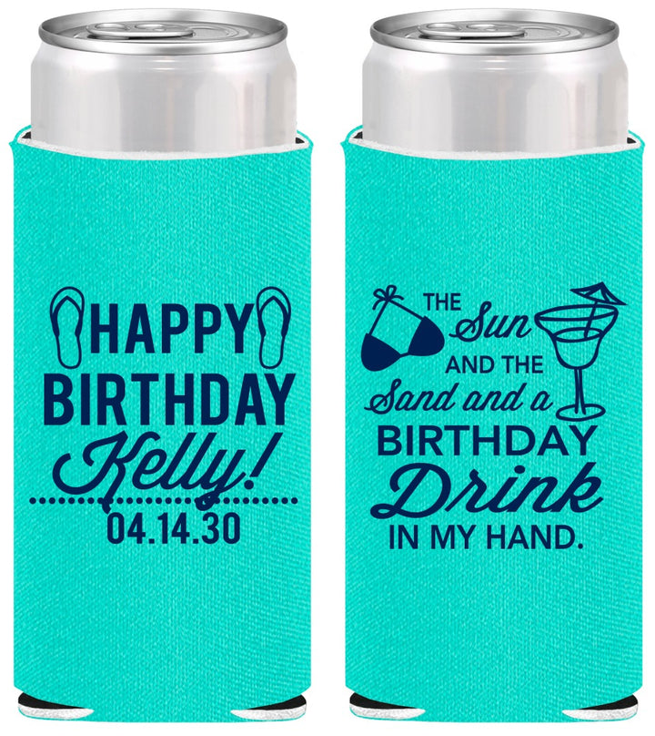 Personalized Birthday Slim Can Coolers - Sun Sand Drink Hand | 20202