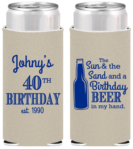 Personalized Birthday Slim Can Coolers - 40th Sun Sand Beer | 20204