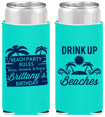 Personalized Birthday Slim Can Coolers - Drink Up Beaches | 20206