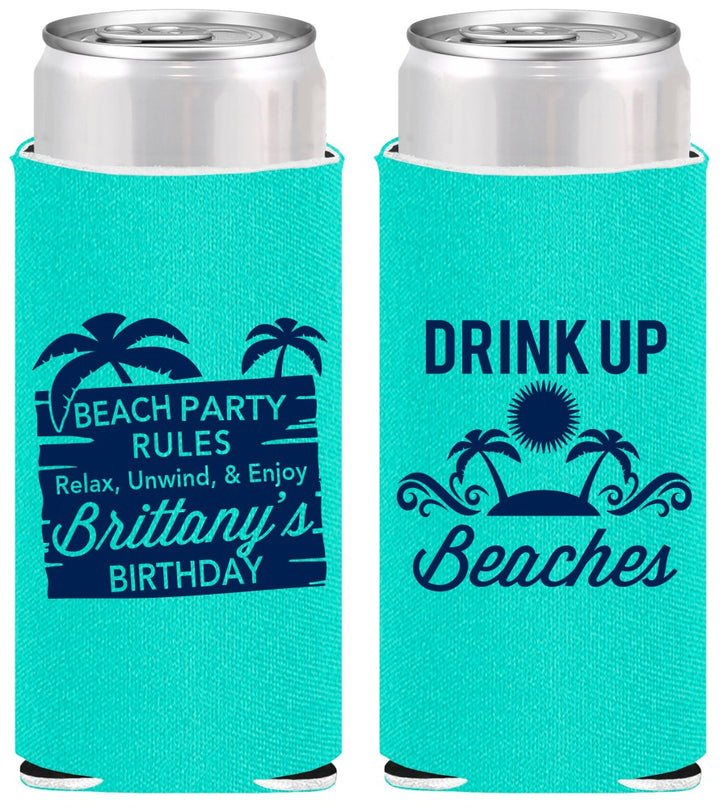 Personalized Birthday Slim Can Coolers - Drink Up Beaches | 20206