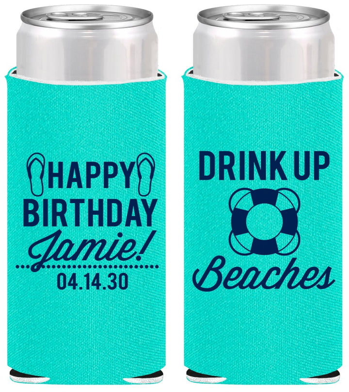 Personalized Birthday Slim Can Coolers - Drink Up Beaches | 20207