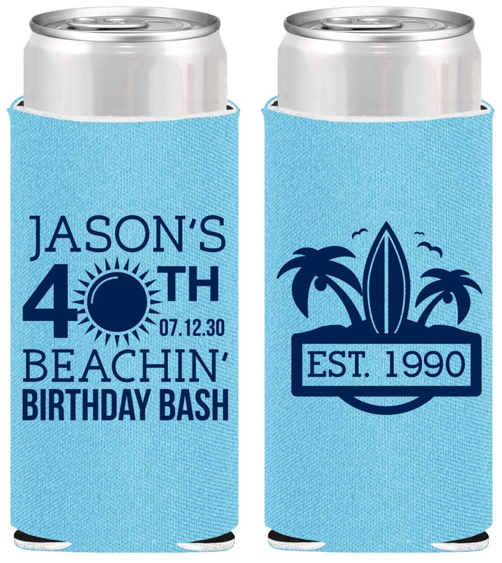 Personalized Birthday Slim Can Coolers - 40th Beach | 20212
