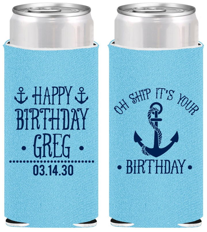 Personalized Birthday Slim Can Coolers - Oh Ship Nautical | 20238