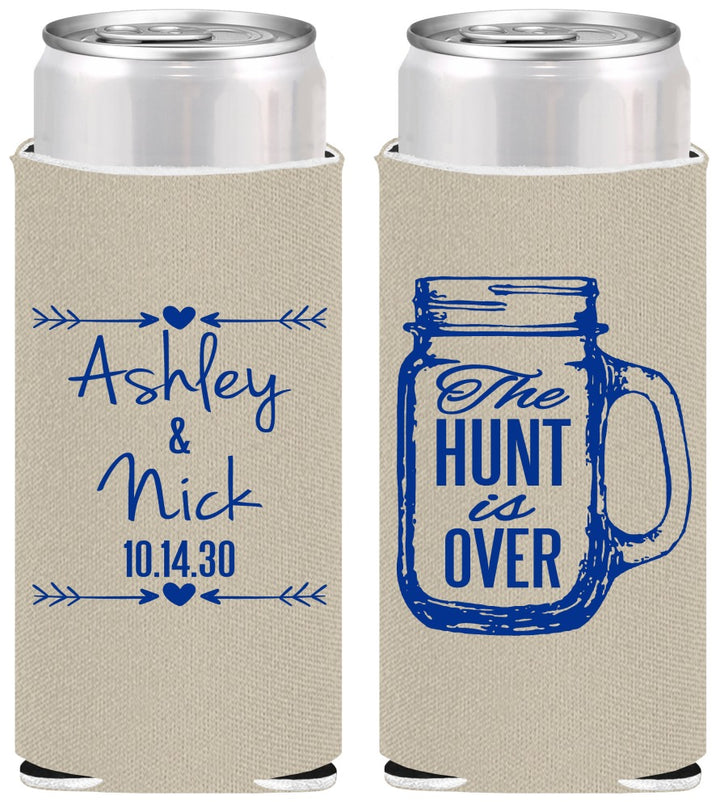 Personalized Wedding Slim Can Coolers - The Hunt Is Over Mason Jar | 211