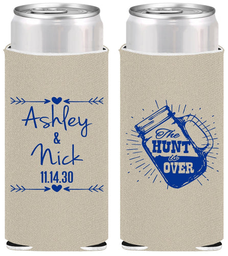 Personalized Wedding Slim Can Coolers - The Hunt Is Over Mason Jar | 218