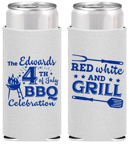 Personalized 4th Of July Slim Can Coolers - Red White Grill | 220005