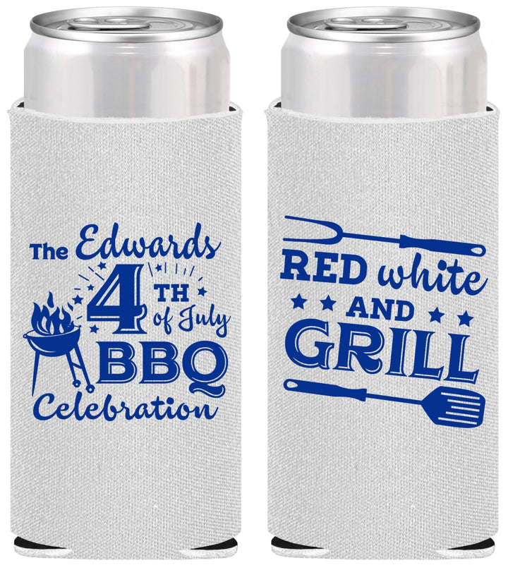 Personalized 4th Of July Slim Can Coolers - Red White Grill | 220005