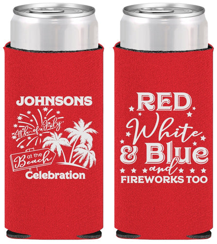 Personalized 4th Of July Slim Can Coolers - Beach Fireworks | 220022