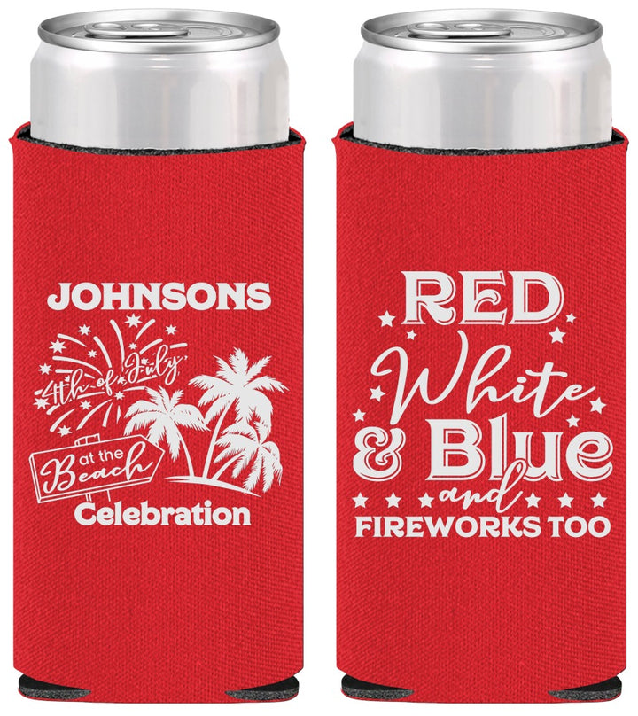 Personalized 4th Of July Slim Can Coolers - Beach Fireworks | 220022