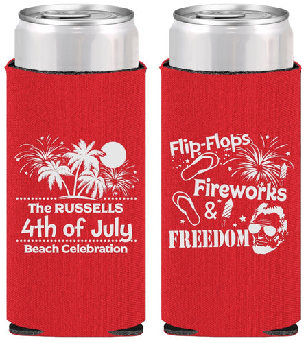 Personalized 4th Of July Slim Can Coolers - Fireworks Beach | 220026