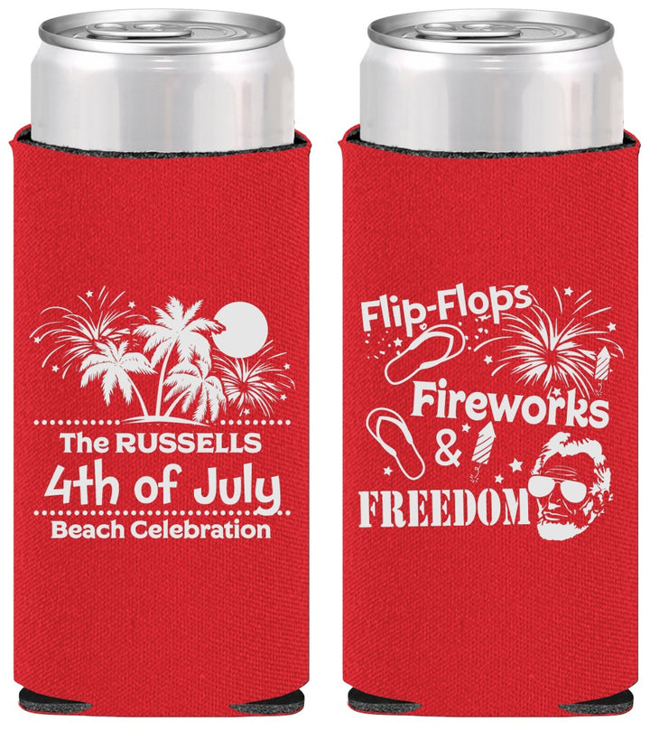 Personalized 4th Of July Slim Can Coolers - Fireworks Beach | 220026