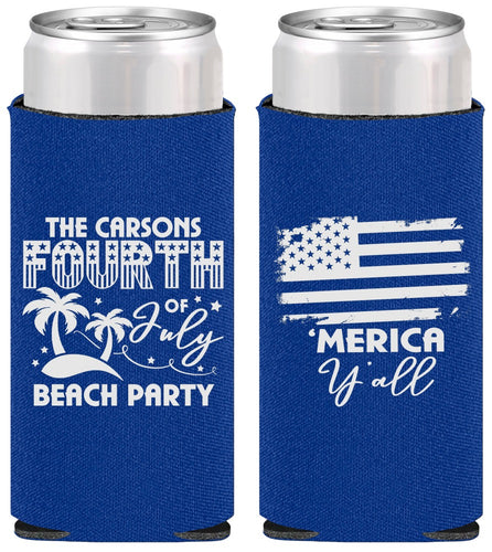 Personalized 4th Of July Slim Can Coolers - Beach Merica Yall | 220027