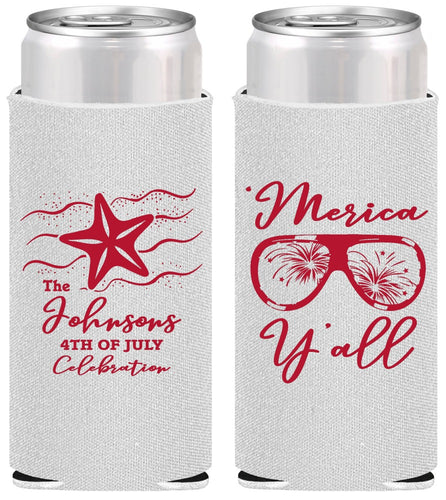 Personalized 4th Of July Slim Can Coolers - Beach Merica Yall | 220028