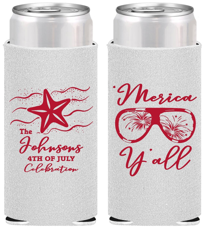 Personalized 4th Of July Slim Can Coolers - Beach Merica Yall | 220028