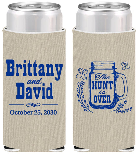 Personalized Wedding Slim Can Coolers - The Hunt Is Over Mason Jar | 223