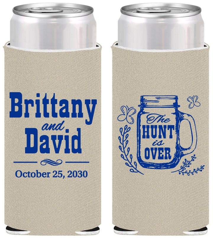 Personalized Wedding Slim Can Coolers - The Hunt Is Over Mason Jar | 223