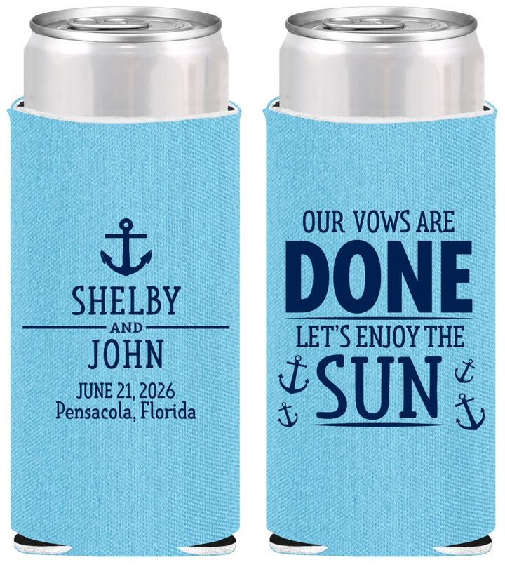 Personalized Wedding Slim Can Coolers - Vows Are Done Nautical | 228