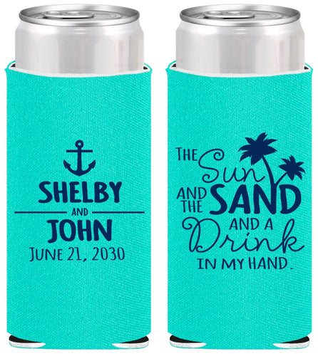Personalized Wedding Slim Can Coolers - Sun Sand Drink In My Hand | 233