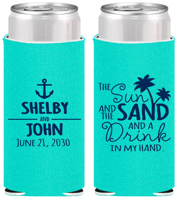 Personalized Wedding Slim Can Coolers - Sun Sand Drink In My Hand | 233