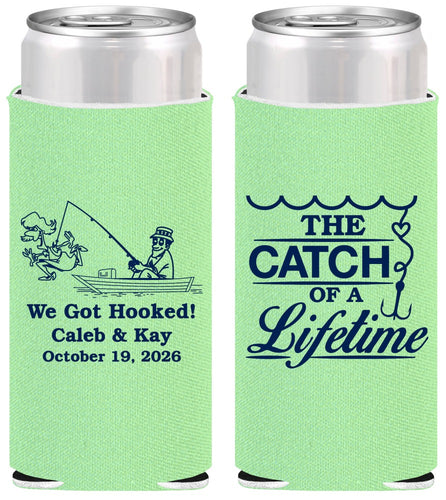 Personalized Wedding Slim Can Coolers - Catch Of A Lifetime | 234