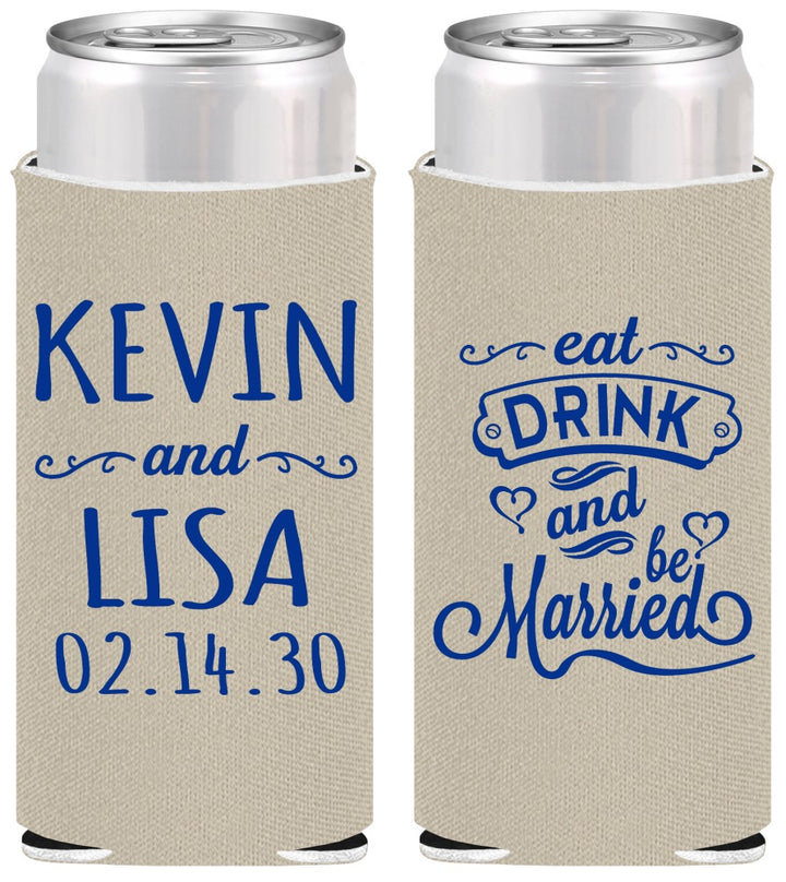 Personalized Wedding Slim Can Coolers - Eat Drink Be Married | 239