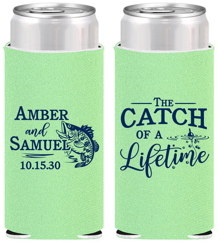 Personalized Wedding Slim Can Coolers - Catch Of A Lifetime Fish | 246
