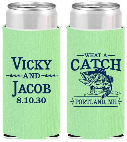 Personalized Wedding Slim Can Coolers - What A Catch Fish | 247