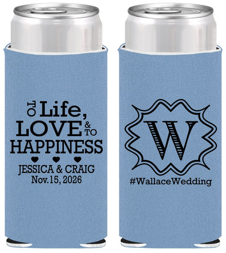 Personalized Wedding Slim Can Coolers - Life Love Happiness | 248