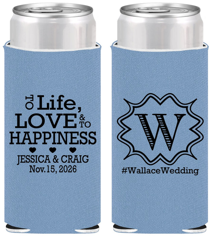 Personalized Wedding Slim Can Coolers - Life Love Happiness | 248