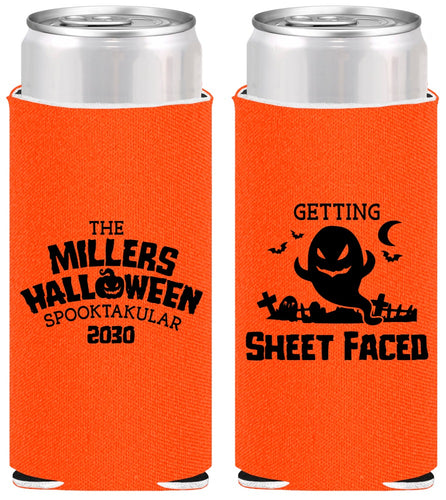 Personalized Halloween Slim Can Coolers - Ghost Sheet Faced | 250040