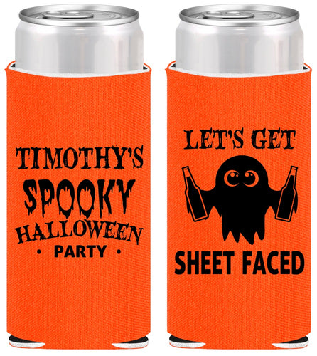 Personalized Halloween Slim Can Coolers - Ghost Sheet Faced | 250044
